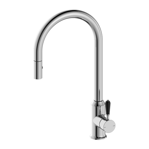 YORK PULL OUT SINK MIXER WITH VEGIE SPRAY FUNCTION WITH BLACK PORCELAIN LEVER CHROME