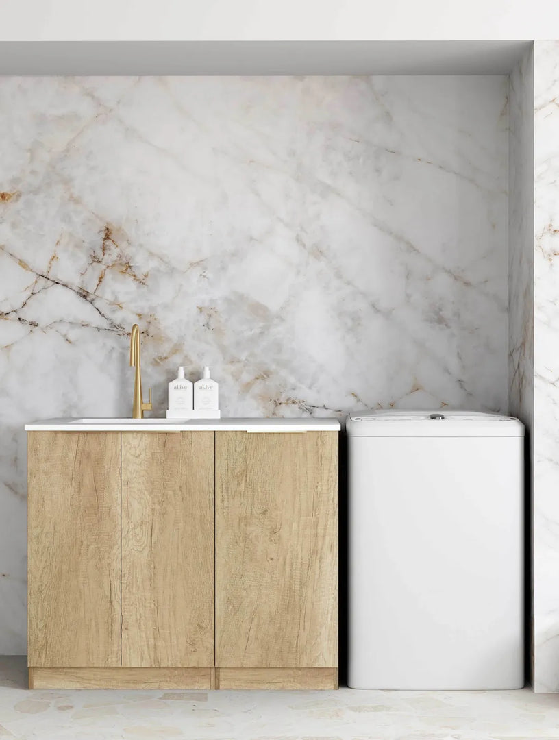 Byron/Bondi Natural Oak Base Laundry Cabinet with 1060mm Cloudy Carrara Top