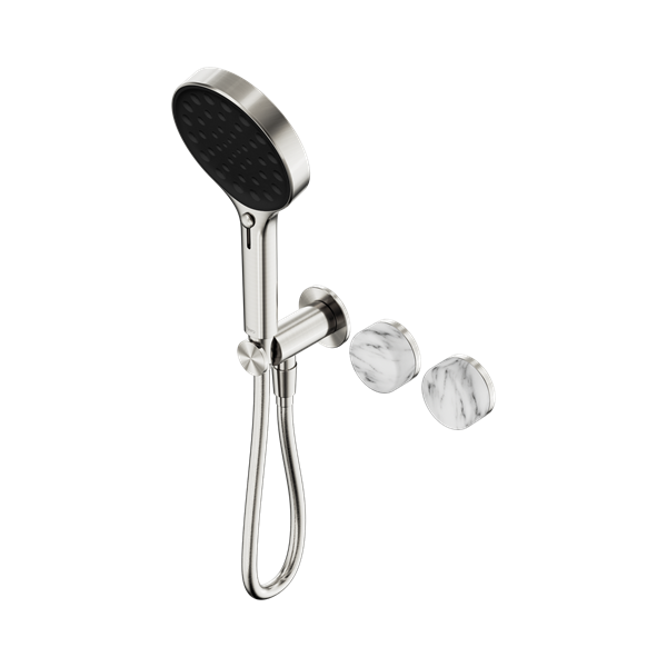 Serenity Progressive Shower System With Arabescato Corchia Handle And Serenity Hand Shower Brushed Nickel