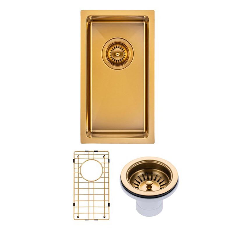 Round Corner Stainless Steel Brushed Brass PVD Coating Single Bowl Kitchen Sink(with Bottom Tray) 250*450*215mm