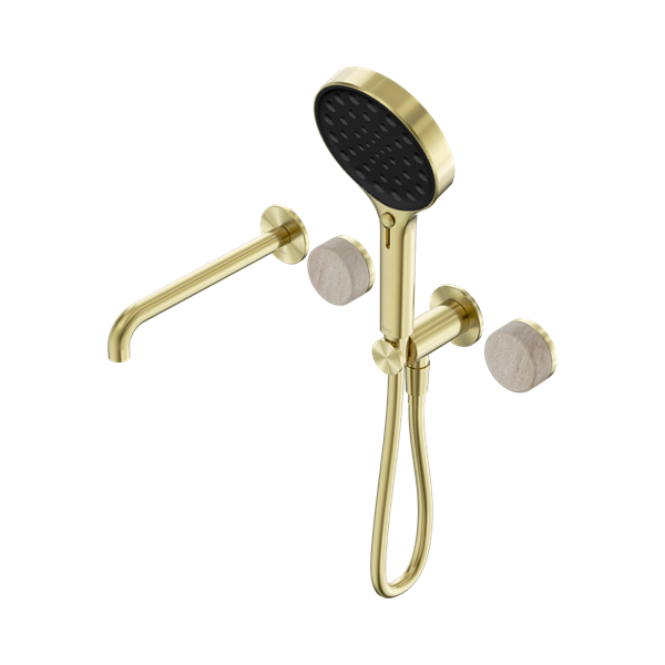 Serenity Progressive Shower System With Spout With Rome Travertine Handle And Serenity Hand Shower Brushed Gold