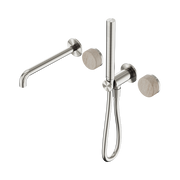 Serenity Progressive Shower System With Spout With Rome Travertine Handle And Slim Shower Brushed Nickel