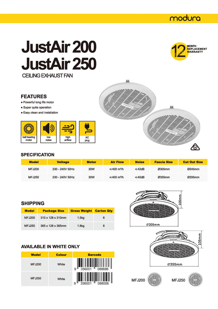 JustAir 250 EXHAUST FAN ROUND 250mm