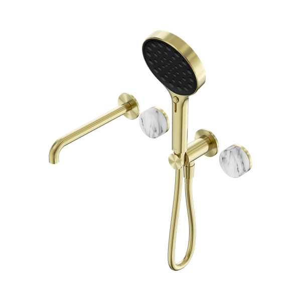 Serenity Progressive Shower System With Spout With Arabescato Corchia Handle And Serenity Hand Shower Brushed Gold