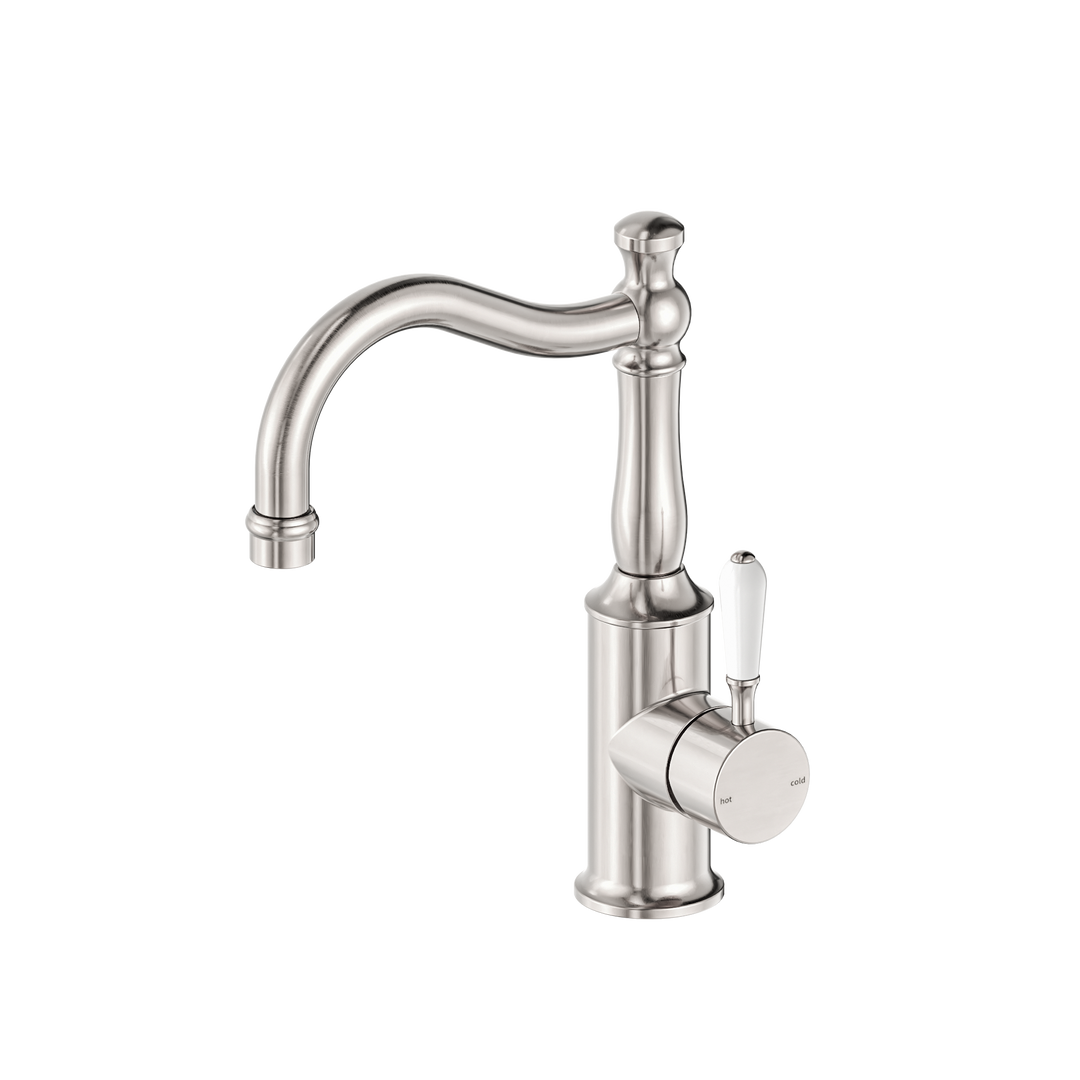 YORK BASIN MIXER HOOK SPOUT WITH WHITE PORCELAIN LEVER BRUSHED NICKEL