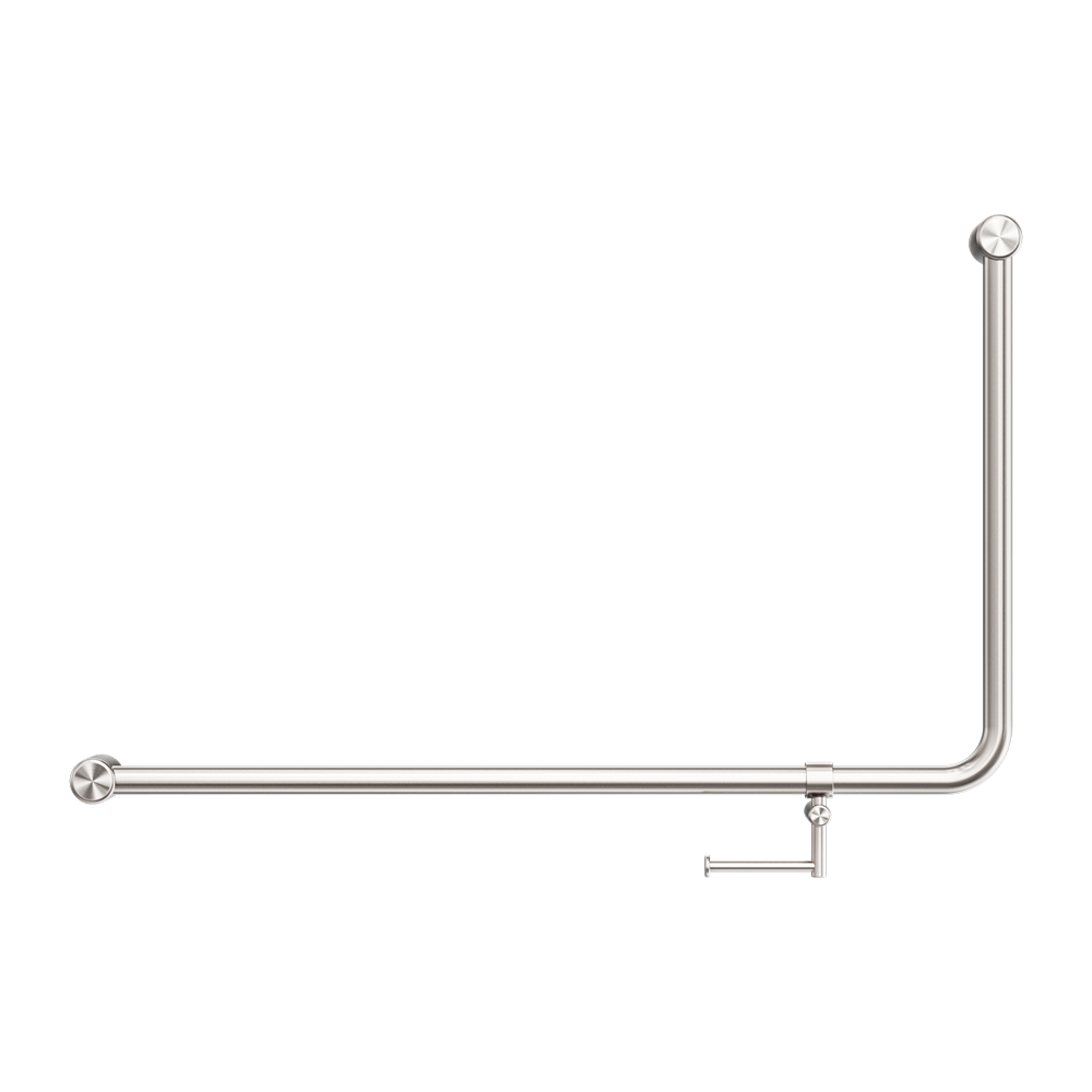 MECCA CARE 32MM DDA 90 DEGREE BENT TUBE GRAB RAIL 600X1000MM WITH TOILET ROLL HOLDER BRUSHED NICKEL