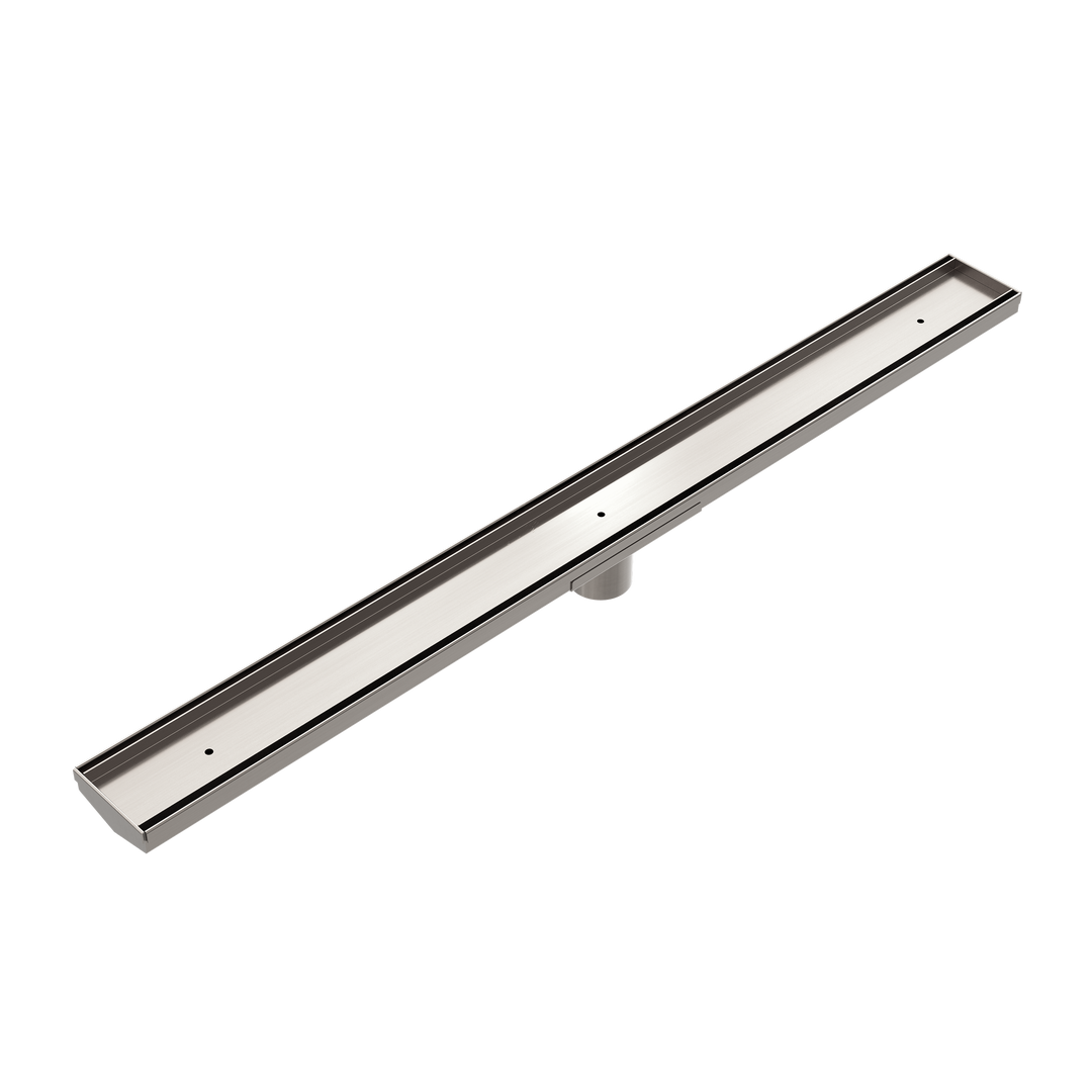 TILE INSERT V CHANNEL FLOOR GRATE 50MM OUTLET WITHOUT OUTLET AND HOLE SAW BRUSHED NICKEL