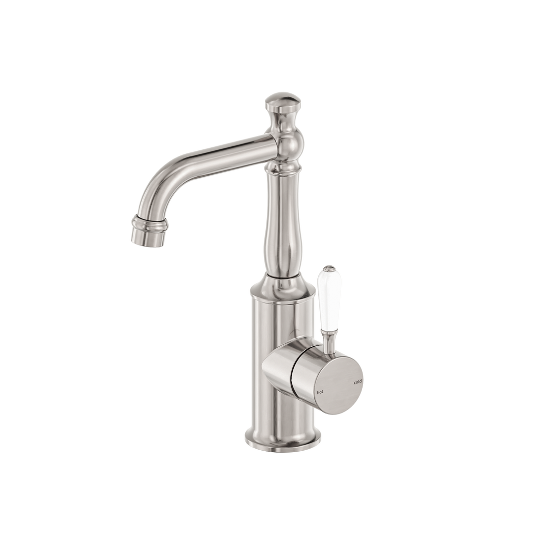 YORK BASIN MIXER WITH WHITE PORCELAIN LEVER BRUSHED NICKEL