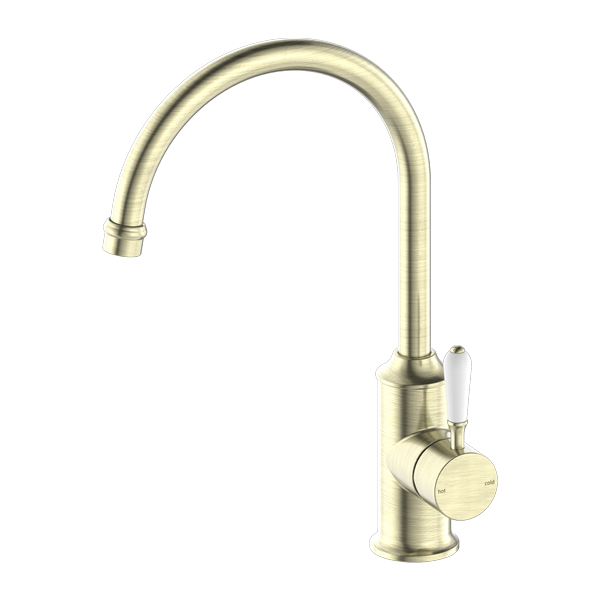 YORK KITCHEN MIXER GOOSNECK SPOUT WITH WHITE PORCELAIN LEVER AGED BRASS