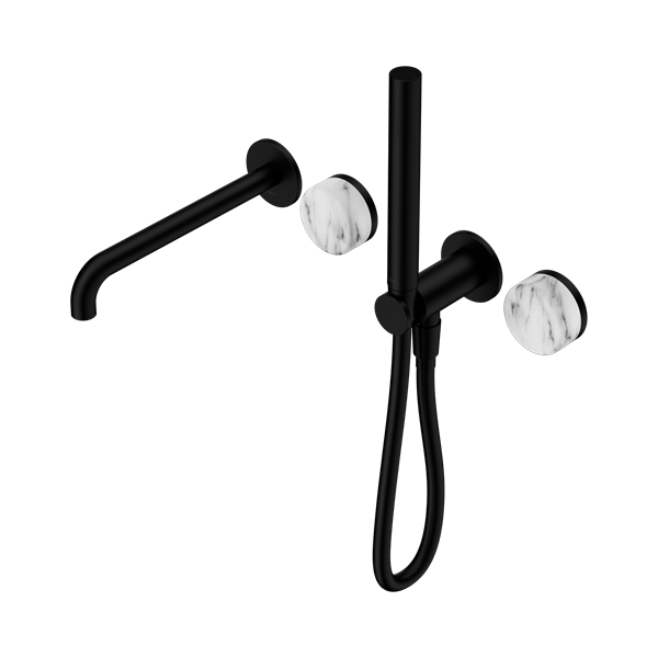 Serenity Progressive Shower System With Spout With Arabescato Corchia Handle And Slim Shower Matte Black