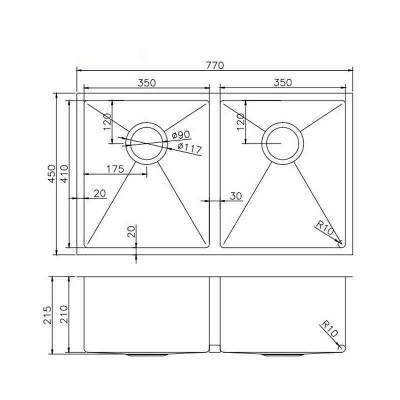 Round Corner Stainless Steel Brushed Brass PVD Coating Double Bowl Kitchen Sink(with Bottom Tray) 770*450*215mm