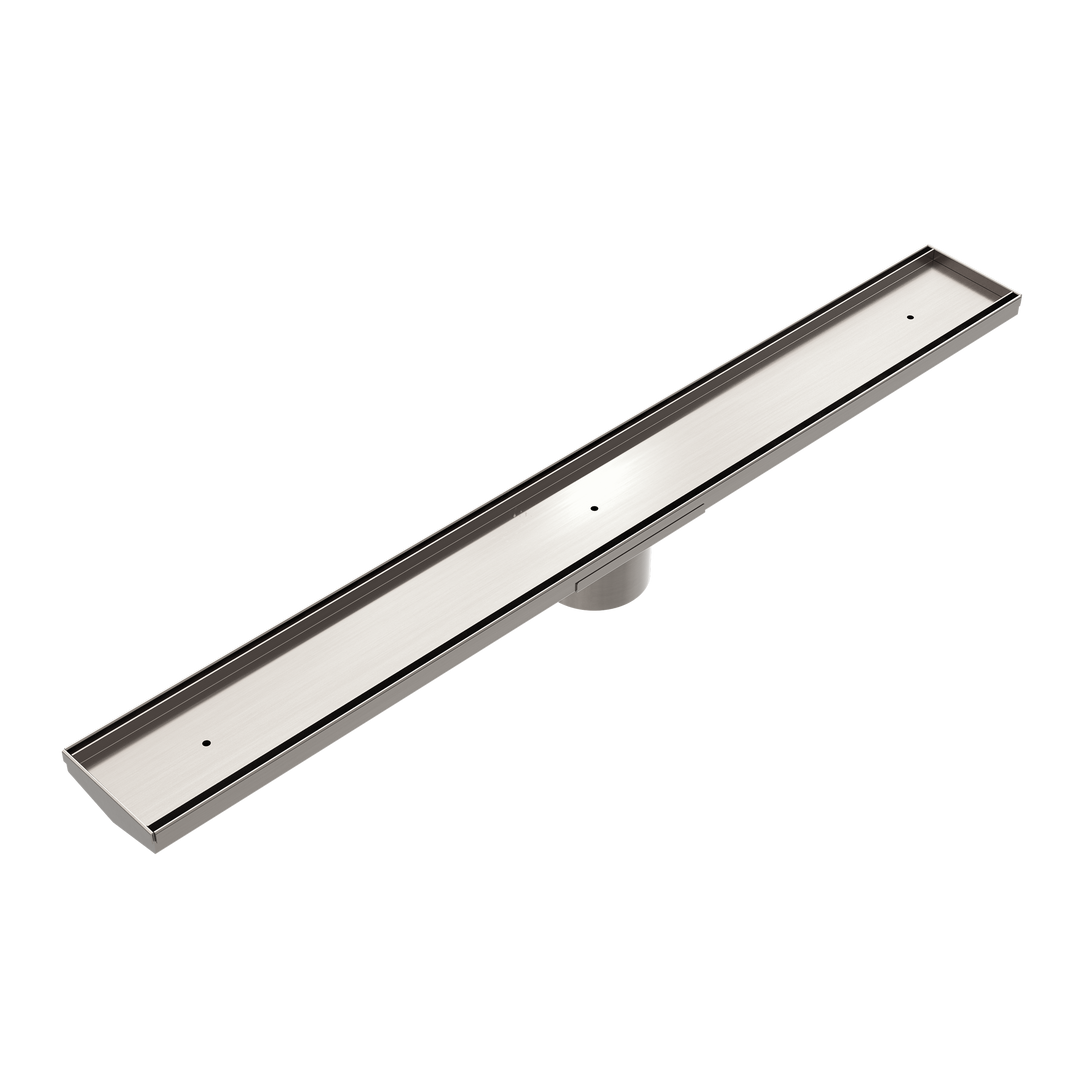 TILE INSERT V CHANNEL FLOOR GRATE 89MM OUTLET WITHOUT OUTLET AND HOLE SAW BRUSHED NICKEL