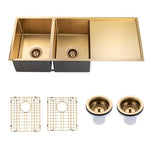 Load image into Gallery viewer, Round Corner Stainless Steel Brushed Brass PVD Coating Double Bowl with Drain Board Kitchen Sink(with Bottom Tray) 1160*460*230mm
