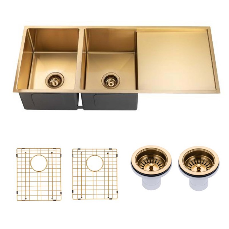 Round Corner Stainless Steel Brushed Brass PVD Coating Double Bowl with Drain Board Kitchen Sink(with Bottom Tray) 1160*460*230mm