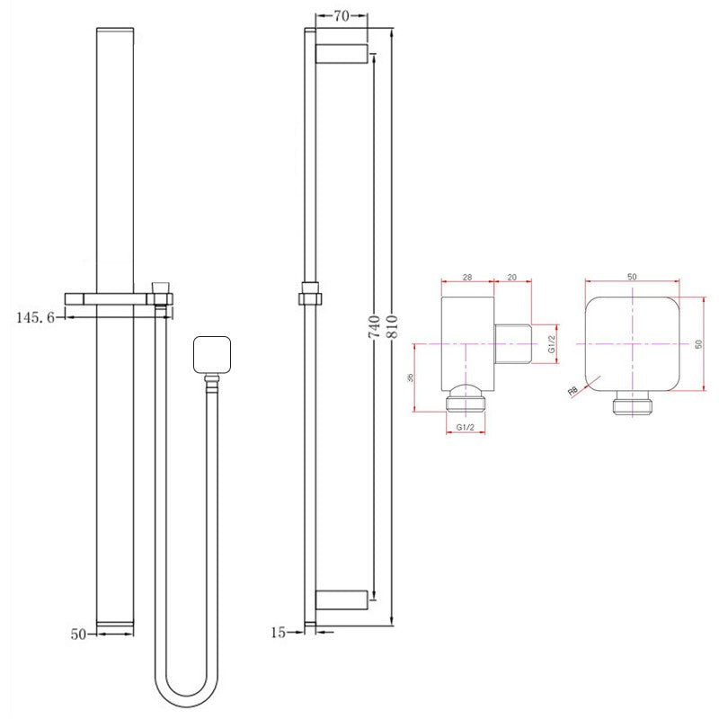 Square Chrome Sliding Shower Rail without Handheld Shower(PVC Hose)