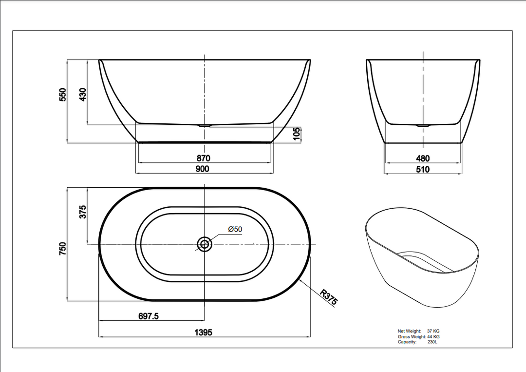 Ellips Slim Acrylic Free Standing Bath