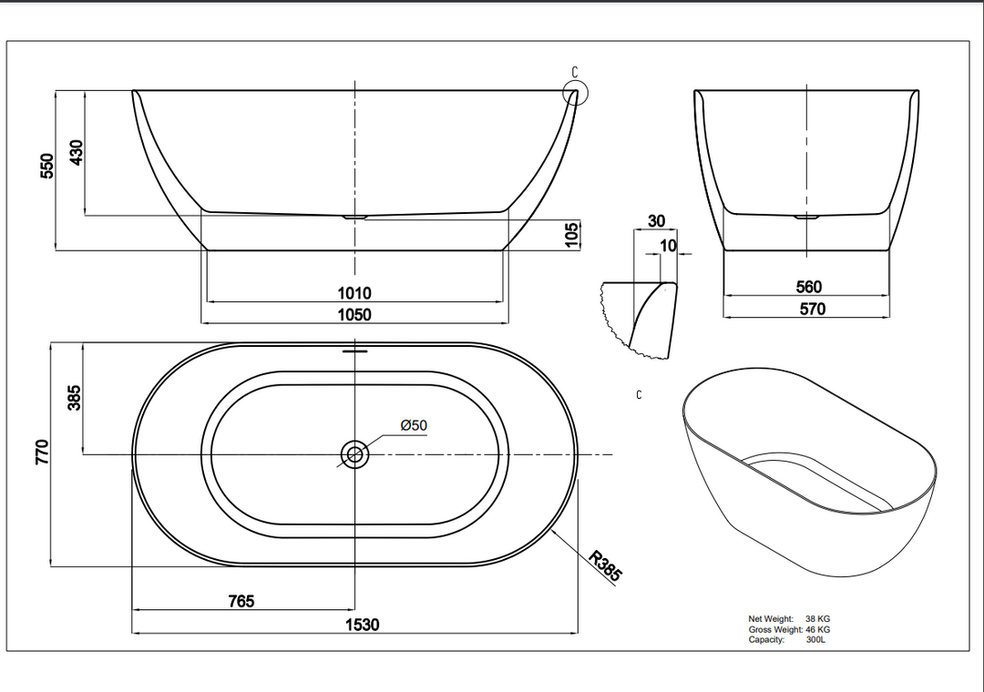 Ellips Slim Acrylic Free Standing Bath