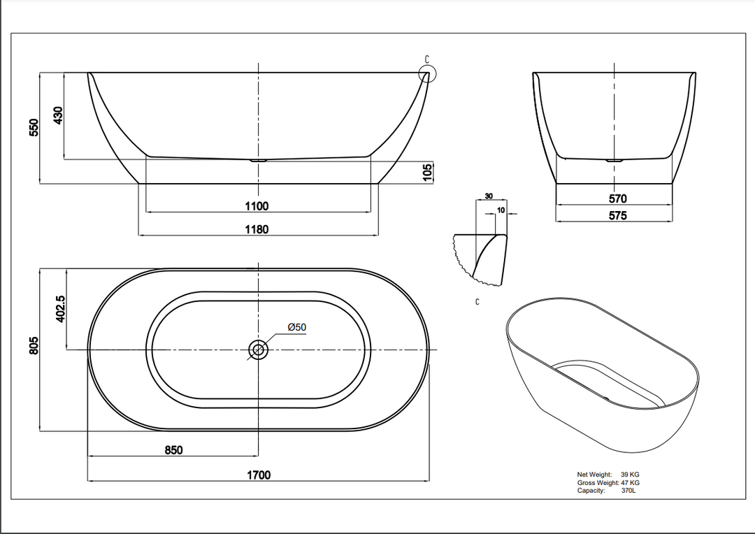 Ellips Slim Acrylic Free Standing Bath