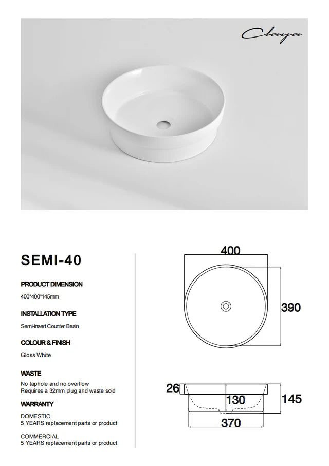 400*400*145mm Gloss White basin