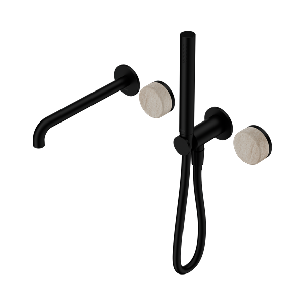 Serenity Progressive Shower System With Spout With Rome Travertine Handle And Slim Shower Matte Black