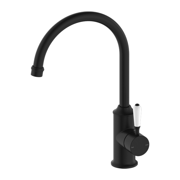 YORK KITCHEN MIXER GOOSNECK SPOUT WITH WHITE PORCELAIN LEVER MATTE BLACK