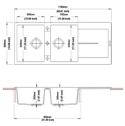 White Carysil Enigma D200 Granite Double Bowl with Drain Board Stone Kitchen Sink 1160*460*200mm