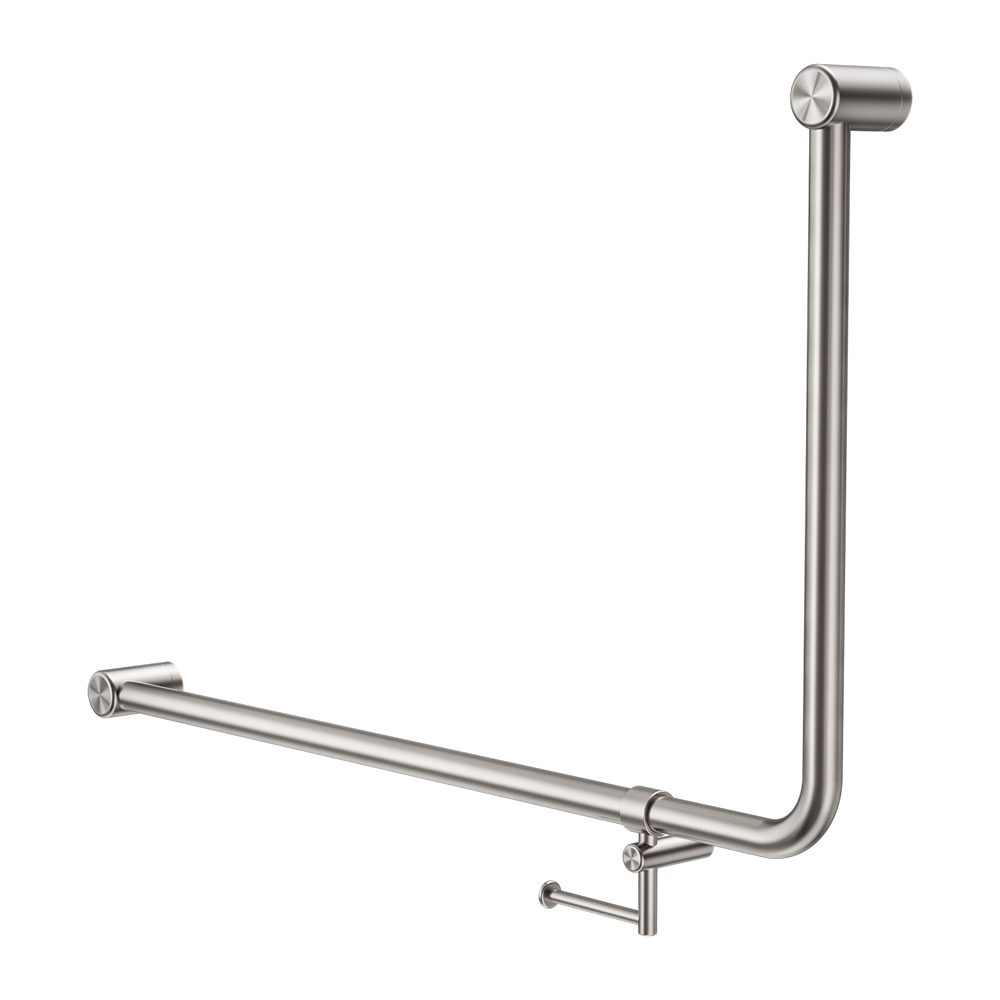 MECCA CARE 32MM DDA 90 DEGREE BENT TUBE GRAB RAIL 600X1000MM WITH TOILET ROLL HOLDER BRUSHED NICKEL