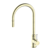 YORK PULL OUT SINK MIXER WITH VEGIE SPRAY FUNCTION WITH WHITE PORCELAIN LEVER AGED BRASS