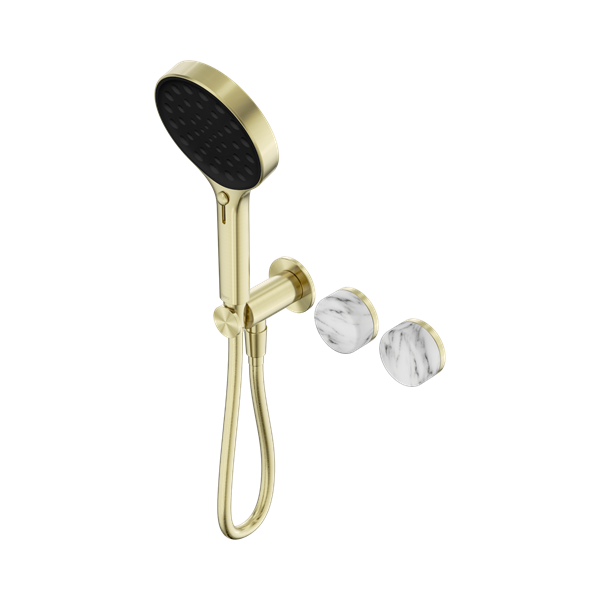 Serenity Progressive Shower System With Arabescato Corchia Handle And Serenity Hand Shower Brushed Gold