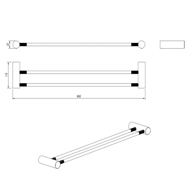 CADDENCE Series Brushed Gun Metal Grey Double Towel Rail 600mm