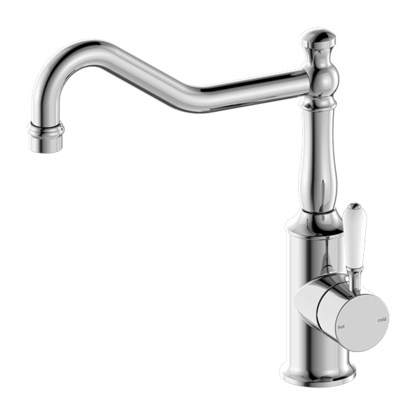 YORK KITCHEN MIXER HOOK SPOUT WITH WHITE PORCELAIN LEVER CHROME