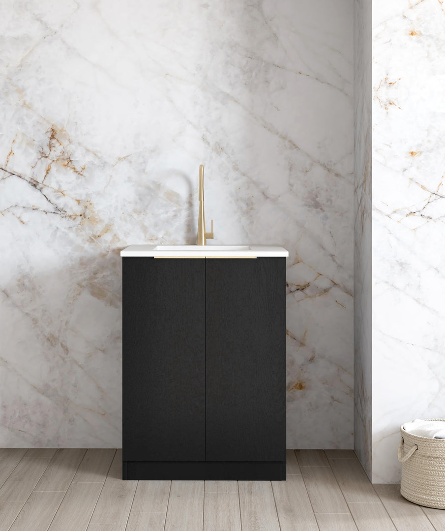 Mini Laundry 650mm Byron/Bondi Black Oak with Pure White  Marble Top
