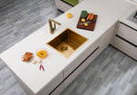 Load image into Gallery viewer, Round Corner Stainless Steel Brushed Brass PVD Coating Single Bowl Kitchen Sink(with Bottom Tray) 510*450*230mm
