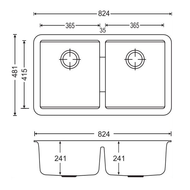 Concrete Grey Carysil CG2B3322 Double Bowl Stone Kitchen Sink 824*481*241mm