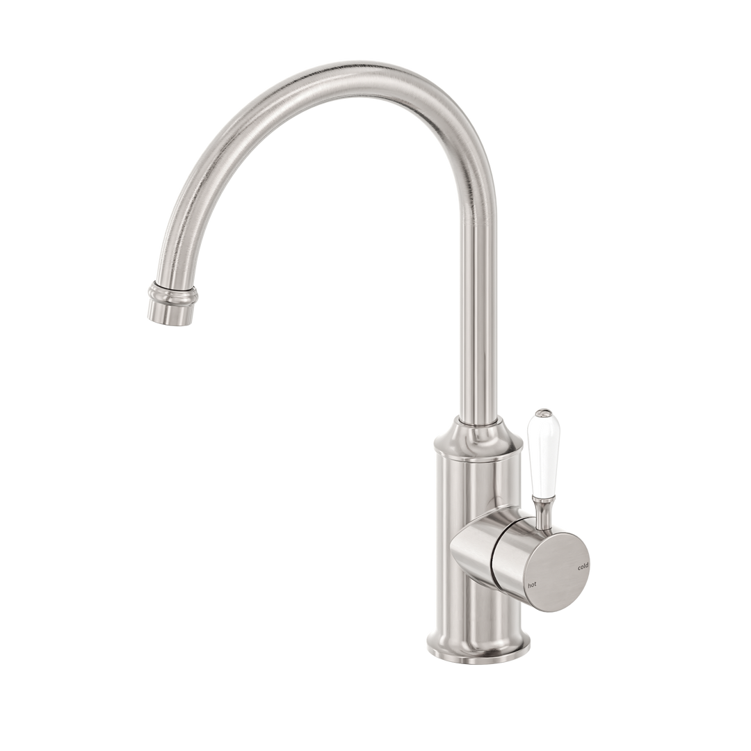 YORK KITCHEN MIXER GOOSENECK SPOUT WITH WHITE PORCELAIN LEVER BRUSHED NICKEL
