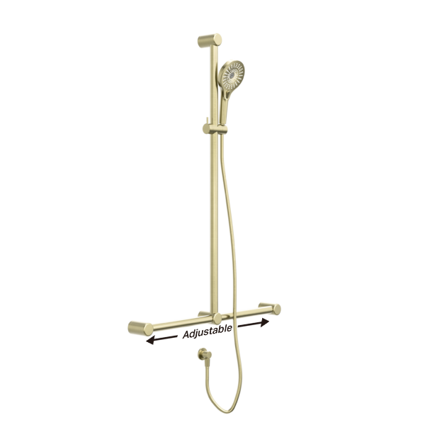 MECCA CARE 32MM T BAR GRAB RAIL AND ADJUSTABLE SHOWER SET 1100X750MM BRUSHED GOLD
