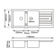White Arete Stone Granite Double Bowl with Drain Board Stone Kitchen Sink 1160*500*200mm