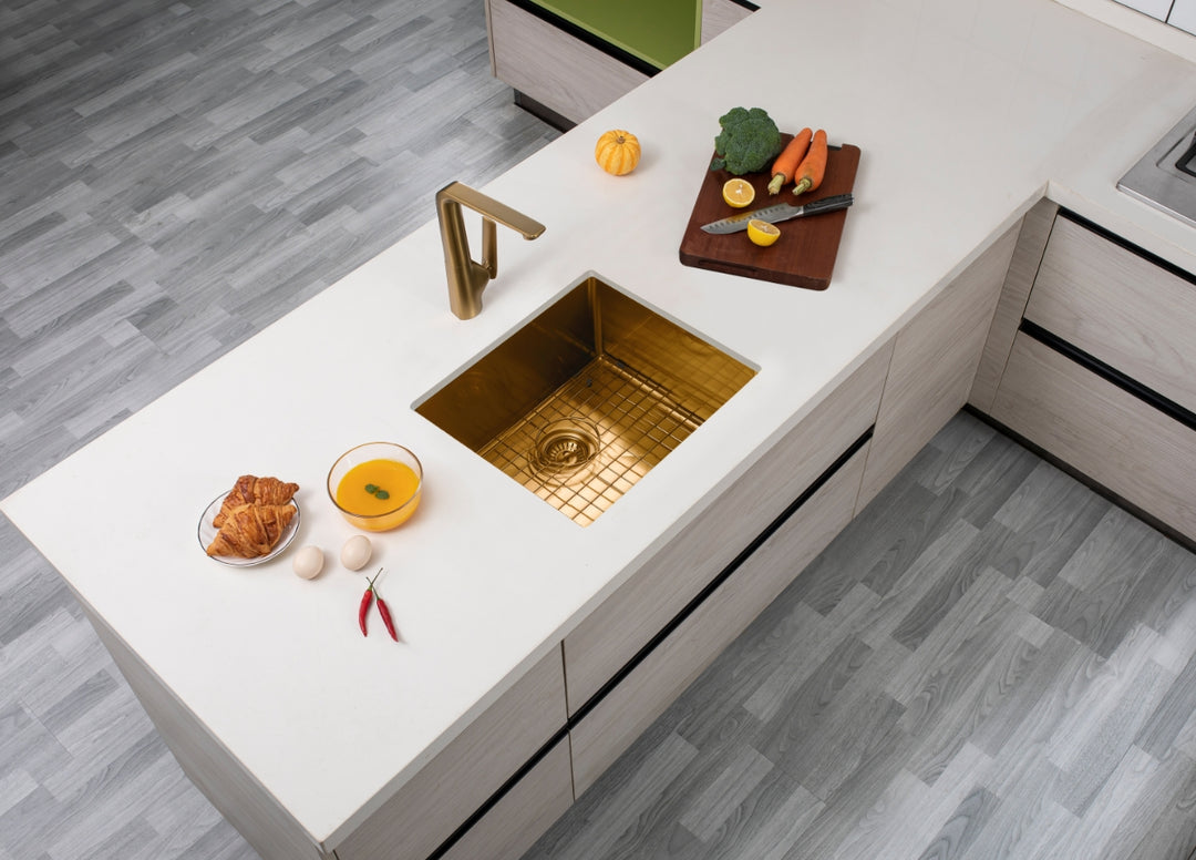 Round Corner Stainless Steel Brushed Brass PVD Coating Single Bowl Kitchen Sink(with Bottom Tray) 500*440*230mm