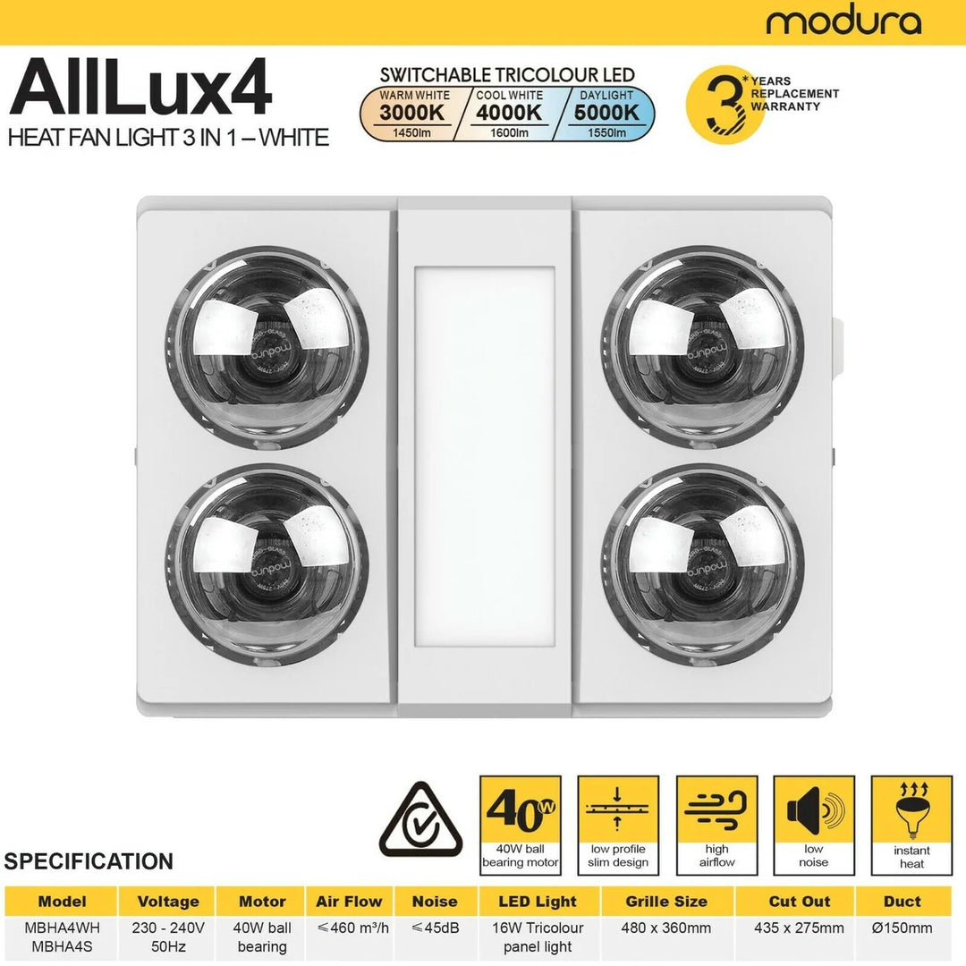 AllLux4 White  4 HEAT 3 IN 1 BATHROOM HEATER EXHA