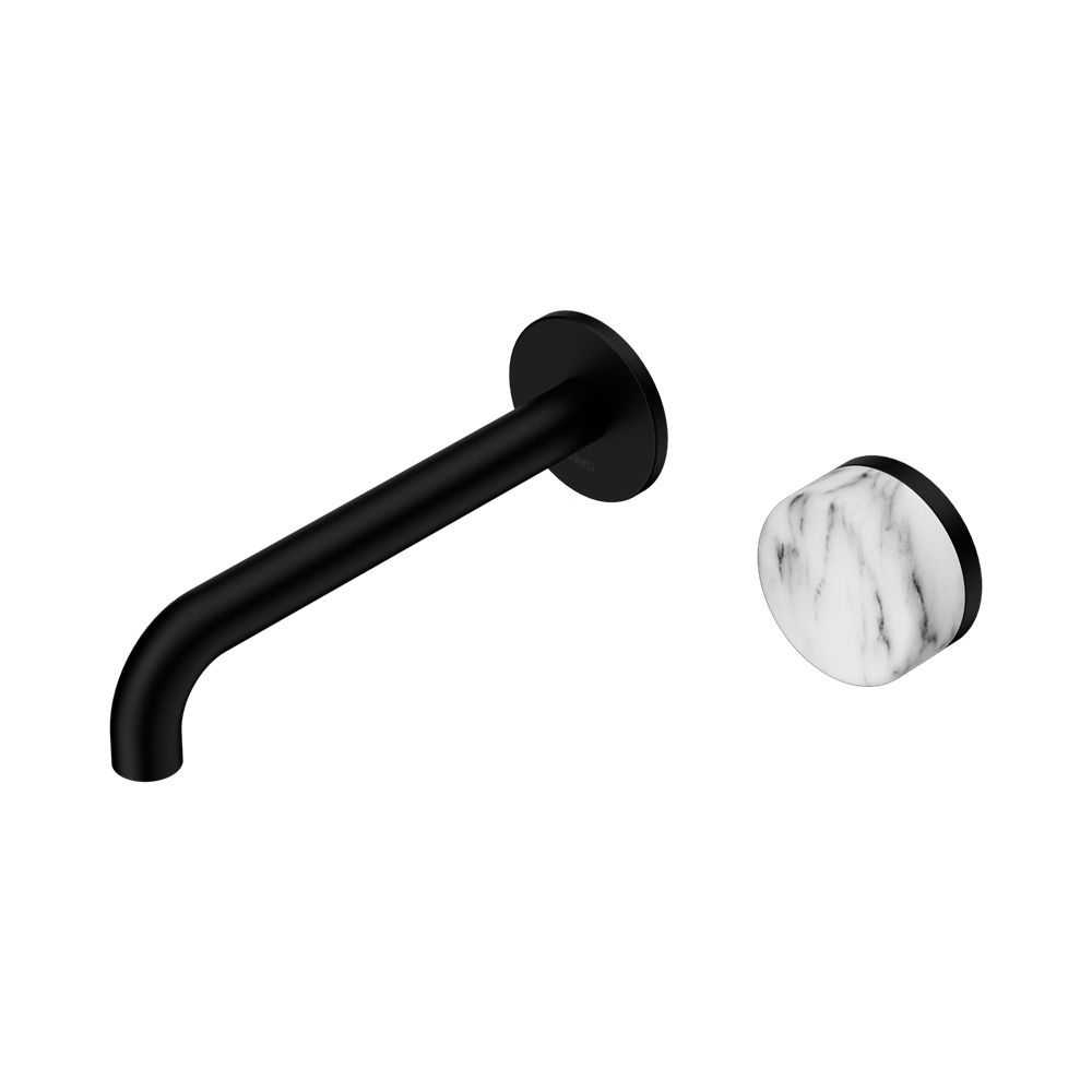 Serenity Progressive Wall Basin Mixer 185mm Spout With Arabescato Corchia Handle Matte Black