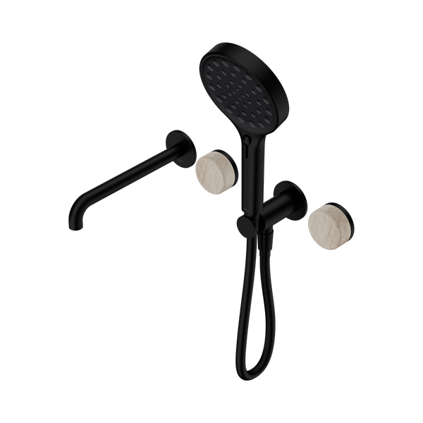 Serenity Progressive Shower System With Spout With Rome Travertine Handle And Serenity Hand Shower Matte Black