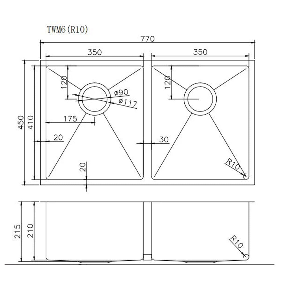 770x450x215mm Copper Stainless Steel PVD Double Bowl Kitche Sink