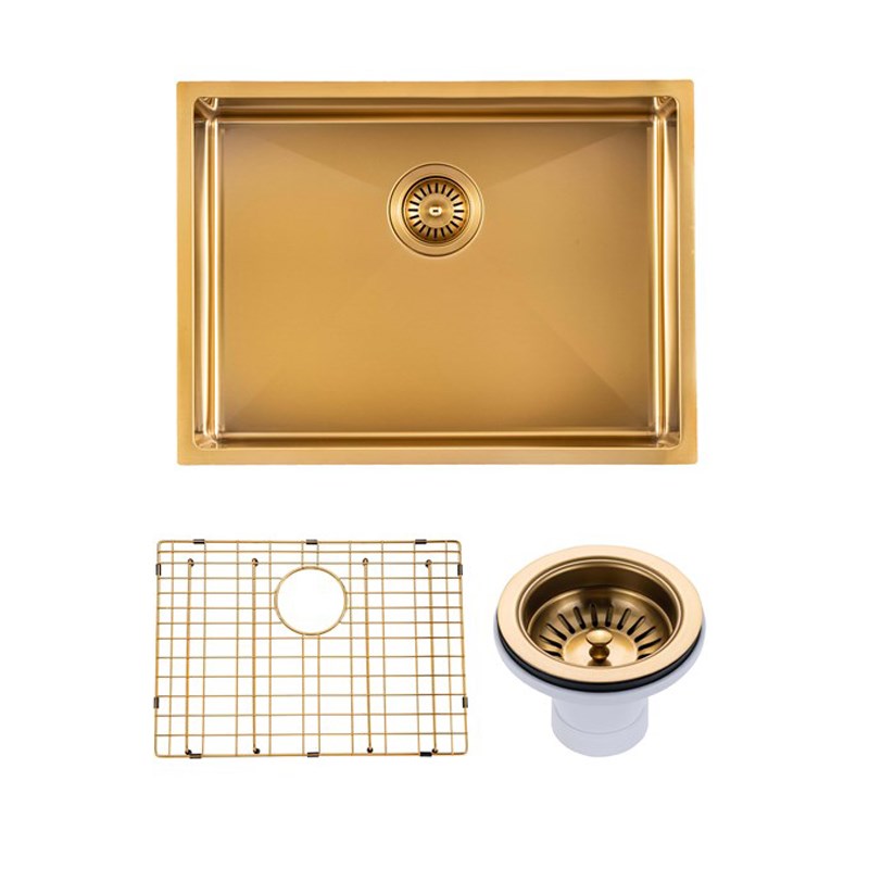 Round Corner Stainless Steel Brushed Brass PVD Coating Single Bowl Kitchen Sink(with Bottom Tray) 600*450*300mm