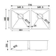 Round Corner Chrome Stainless Steel Handmade Double Bowl Kitchen Sink 770*440*230mm