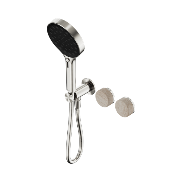 Serenity Progressive Shower System With Rome Travertine Handle And Serenity Hand Shower Brushed Nickel