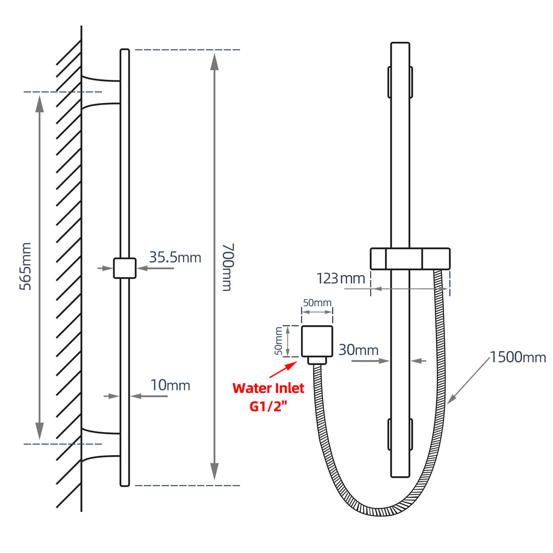 Square Chrome Wall Mounted Sliding Rail with Water Hose & Wall Connector Only(PVC Hose)