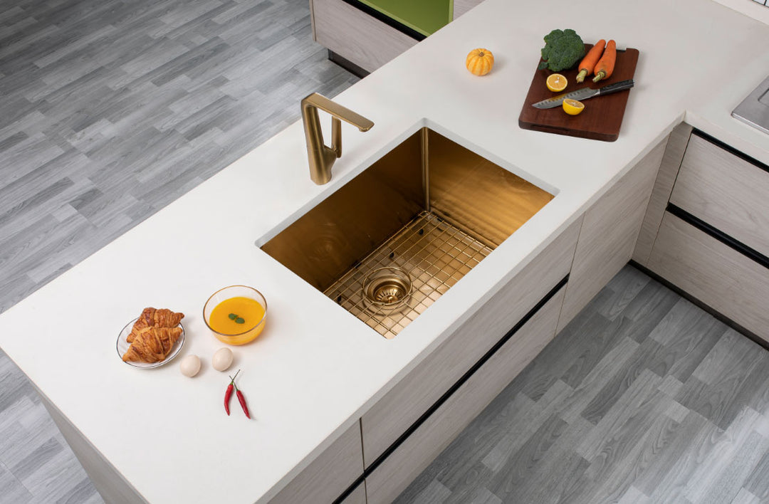 Round Corner Stainless Steel Brushed Brass PVD Coating Single Bowl Kitchen Sink(with Bottom Tray) 600*450*300mm