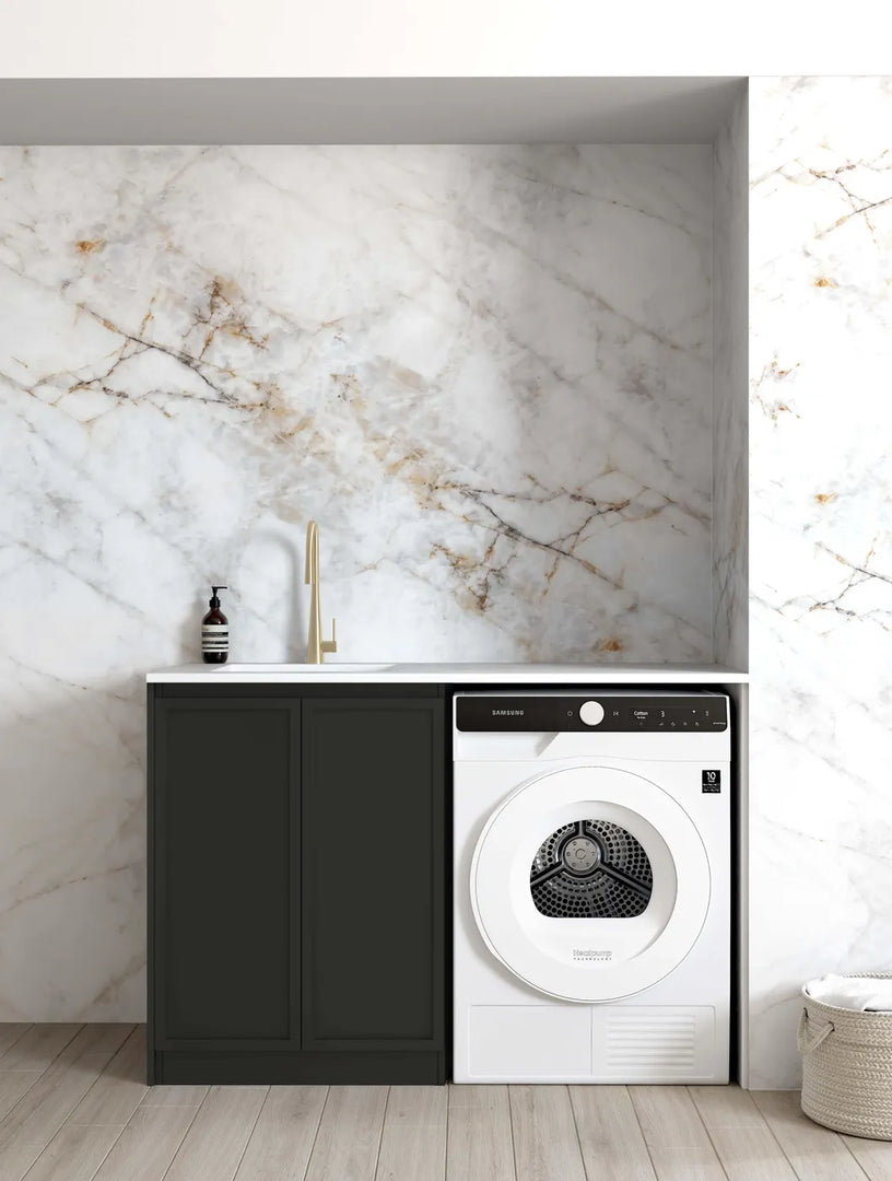 Hampshire Black Base Laundry Cabinet with 1300mm Natural Carrara Marble Top