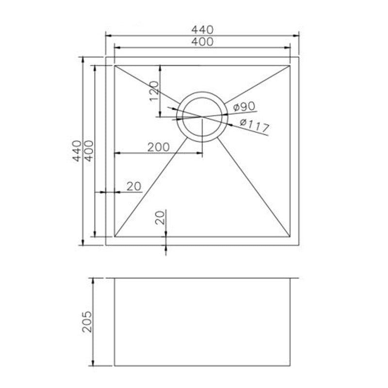 Round Corner Stainless Steel Brushed Brass PVD Coating Single Bowl Kitchen Sink(with Bottom Tray) 440*440*205mm