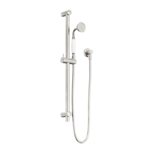 YORK SHOWER RAIL WITH WHITE PORCELAIN HAND SHOWER BRUSHED NICKEL